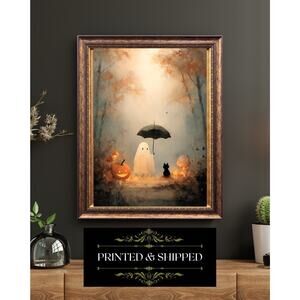 Ghost Black Cat Umbrella Halloween Art Print Gothic Fantasy Wall Decor